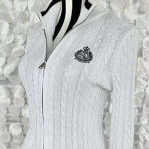 Ralph Lauren Women's Crested White w/ Navy/Black Zip Cardigan Sweater - Size S